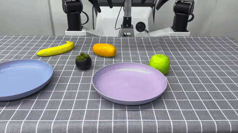 Grasp the mangosteen into the purple plate demo from another configuration.