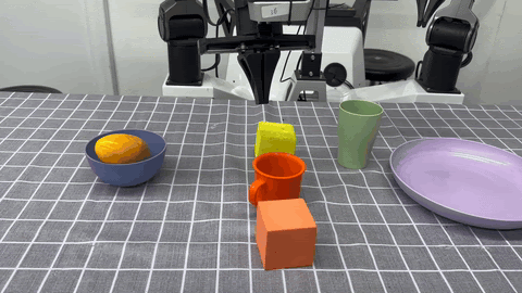 Put the orange cup onto the yellow block demo.